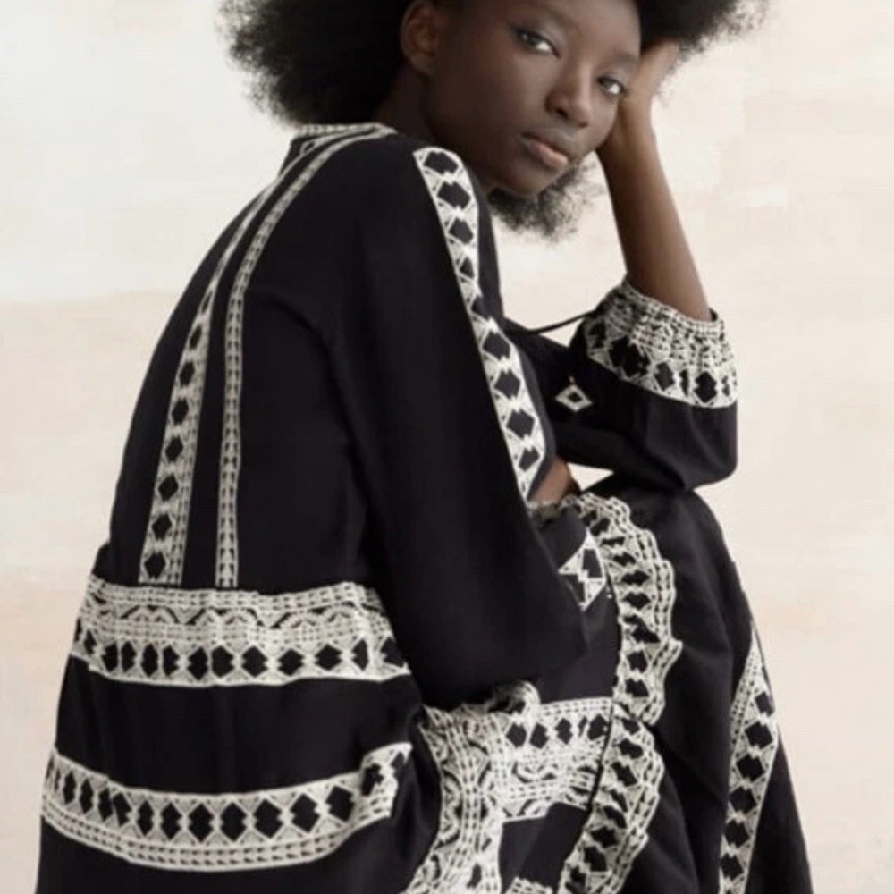 Zara Black and White Embroidered Bohemian Linen Dress - XL - Picture 3 of 11
